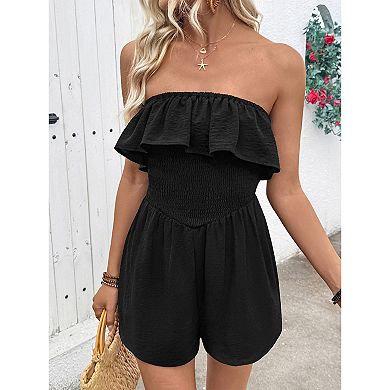 Women's Ruffle Smocked Wide Leg Boho Short Romper Strapless Summer Casual Jumpsuit Sleeveless Outfit