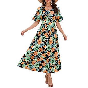 Womens V Neck Floral Print Maxi Dress Ruffle Cuff Sleeves Smocked Waist Dresses