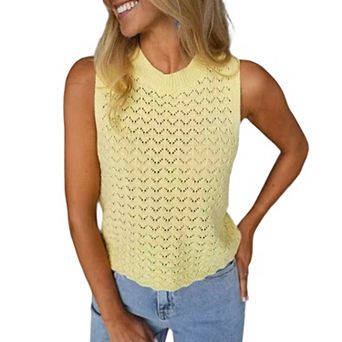 Womens Hollow Out Knit Tank Top Sleeveless Crochet Summer Casual Sweater Vest Shirt Crew Neck Blouse