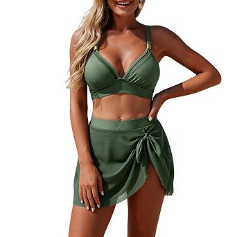 Womens Two Piece Swimsuit Mesh Skirt Bottom Adjustable Strap Top Bikini Sets