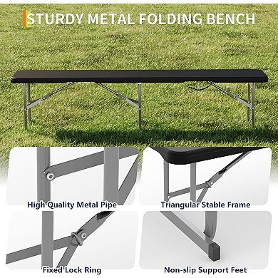 6FT HDPE Folding Bench, Portable Camping Seat, Sturdy Metal Frame