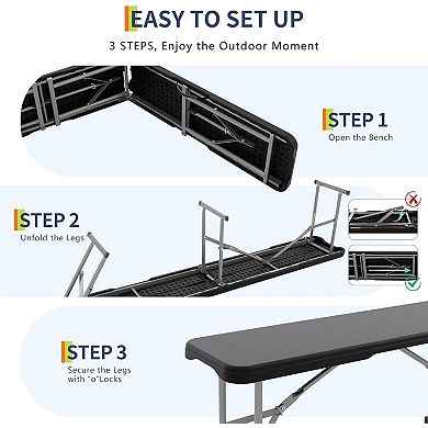 6FT HDPE Folding Bench, Portable Camping Seat, Sturdy Metal Frame