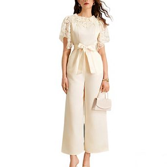 Women's Lace Sleeve Satin Jumpsuit, Belted Wide Leg Formal Romper for Wedding Guest