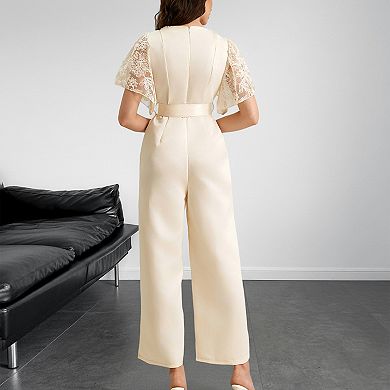 Women's Lace Sleeve Satin Jumpsuit, Belted Wide Leg Formal Romper for Wedding Guest