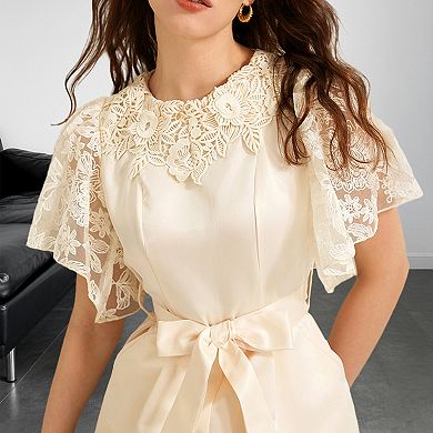 Women's Lace Sleeve Satin Jumpsuit, Belted Wide Leg Formal Romper for Wedding Guest