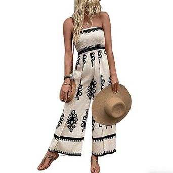 Women Smocked Wide Leg Split Jumpsuit Strapless Summer Casual Print Boho Outfit Soft Vacation romper