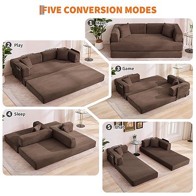 5-in-1 Convertible Modular Sleeper Sofa Bed 78.8" Corduroy Floor Couch with Pillows