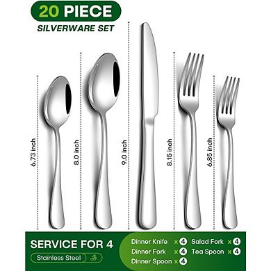 Stainless Steel Flatware Set for 4, 20-Piece Mirror Polished, Dishwasher Safe