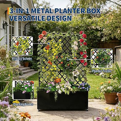 Mobile Raised Garden Bed Planter Box with Trellis & Privacy Screen ,Lockable Wheels