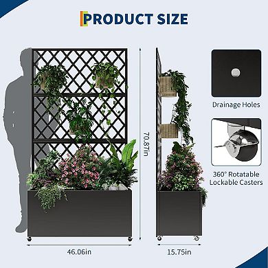 Mobile Raised Garden Bed Planter Box with Trellis & Privacy Screen ,Lockable Wheels