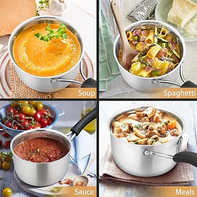 Stainless Steel Saucepan with Glass Lid, Heat-Proof Handles, Dishwasher Safe