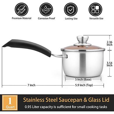 Stainless Steel Saucepan with Glass Lid, Heat-Proof Handles, Dishwasher Safe