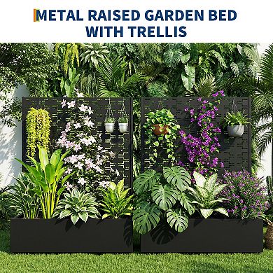 Galvanized Metal Raised Garden Bed with Trellis & Drainage 47" Rust-Resistant Outdoor Planter Box