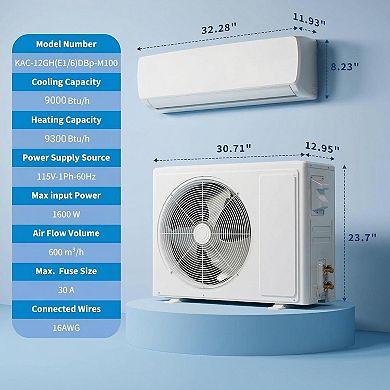 9000 BTU Mini Split AC/Heat Pump 19 SEER2, 3-in-1, Covers 450 Sq.ft, 115V