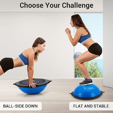 Yoga half ball, 25-inch exercise trainer, with non-slip base, inflatable, comes with resistance band
