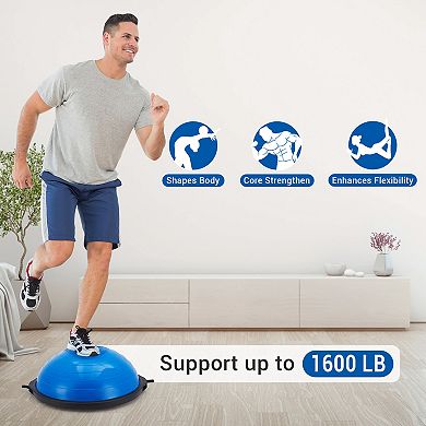 Yoga half ball, 25-inch exercise trainer, with non-slip base, inflatable, comes with resistance band