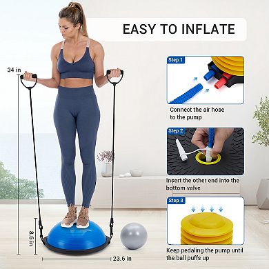 Yoga half ball, 25-inch exercise trainer, with non-slip base, inflatable, comes with resistance band