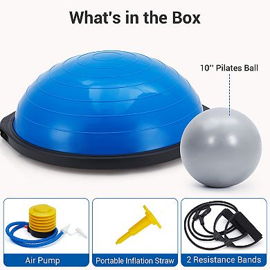 Yoga half ball, 25-inch exercise trainer, with non-slip base, inflatable, comes with resistance band