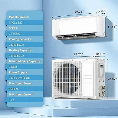 12000 BTU 115V WiFi Mini Split AC, 22 SEER