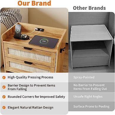 Set of 2 Rattan-Style Nightstands with Type-C Charging Station Modern Bedside Tables 2 Drawers