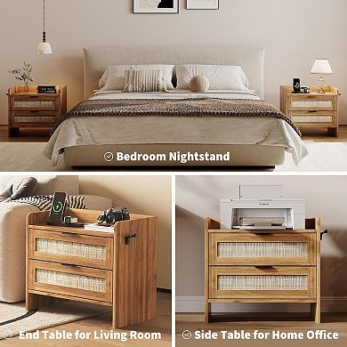 Set of 2 Rattan-Style Nightstands with Type-C Charging Station Modern Bedside Tables 2 Drawers