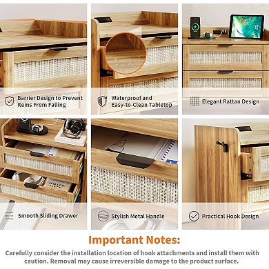 Set of 2 Rattan-Style Nightstands with Type-C Charging Station Modern Bedside Tables 2 Drawers