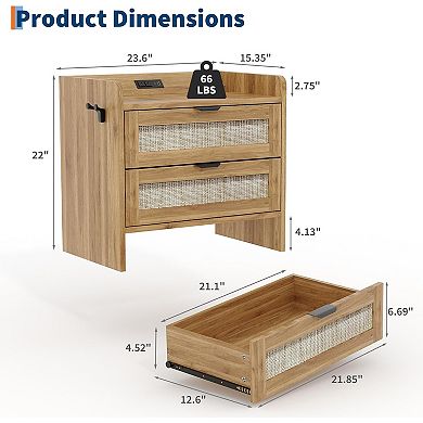 Set of 2 Rattan-Style Nightstands with Type-C Charging Station Modern Bedside Tables 2 Drawers