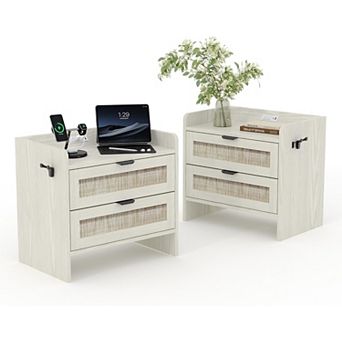 Set of 2 Rattan-Style Nightstands with Type-C Charging Station Modern Bedside Tables 2 Drawers