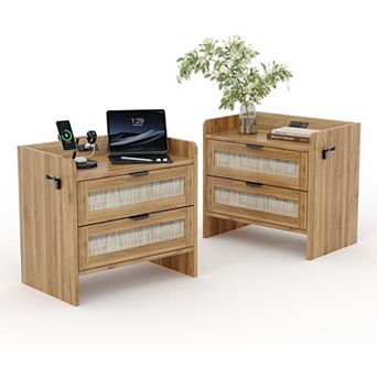 Set of 2 Rattan-Style Nightstands with Type-C Charging Station Modern Bedside Tables 2 Drawers