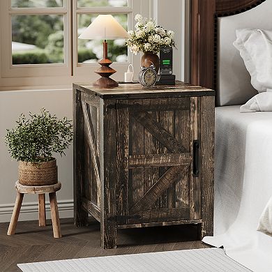 Farmhouse Bedside Table with USB Charging Station Wooden Bedside Table, Adjustable Storage Shelf