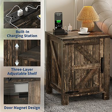 Farmhouse Bedside Table with USB Charging Station Wooden Bedside Table, Adjustable Storage Shelf