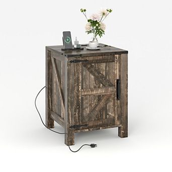 Farmhouse Bedside Table with USB Charging Station Wooden Bedside Table, Adjustable Storage Shelf
