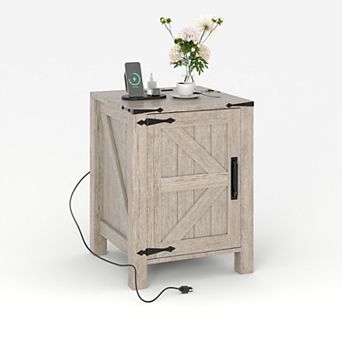 Farmhouse Bedside Table with USB Charging Station Wooden Bedside Table, Adjustable Storage Shelf