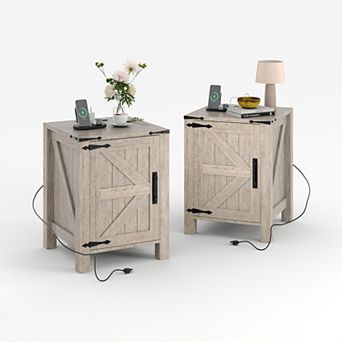 Farmhouse Bedside Table with USB Charging Station Wooden Bedside Table, Adjustable Storage Shelf