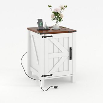 Farmhouse Bedside Table with USB Charging Station Wooden Bedside Table, Adjustable Storage Shelf