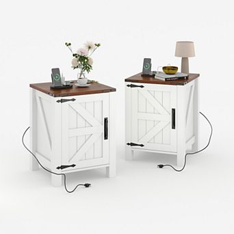 Farmhouse Bedside Table with USB Charging Station Wooden Bedside Table, Adjustable Storage Shelf