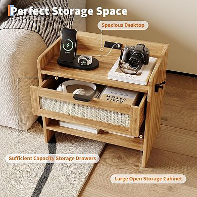 Modern Boho Rattan Nightstands with Type-C Charging - Set of 2 Bedside Tables with Drawer