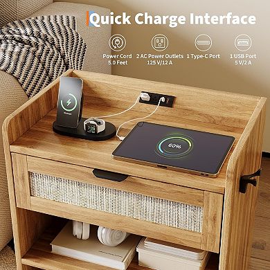 Modern Boho Rattan Nightstands with Type-C Charging - Set of 2 Bedside Tables with Drawer