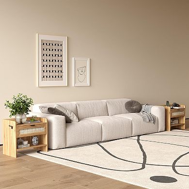 Modern Boho Rattan Nightstands with Type-C Charging - Set of 2 Bedside Tables with Drawer