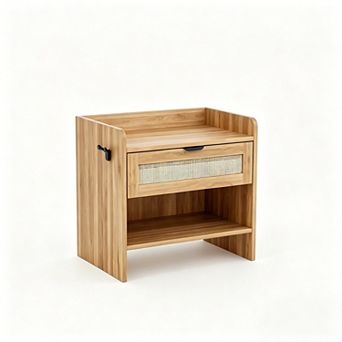 Modern Boho Rattan Nightstands with Type-C Charging - Set of 2 Bedside Tables with Drawer