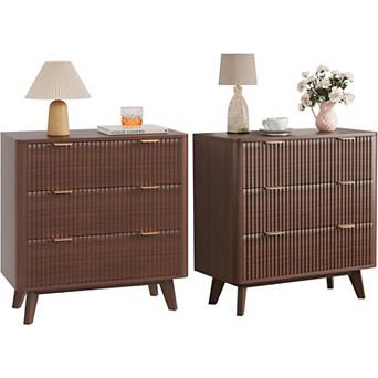 32" Width Fluted Nightstand Set of 2, Modern 3 Drawer Bedside Table with Faux Marble Top
