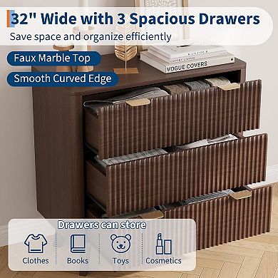 32" Width Fluted Nightstand Set of 2, Modern 3 Drawer Bedside Table with Faux Marble Top