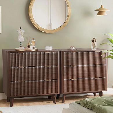 32" Width Fluted Nightstand Set of 2, Modern 3 Drawer Bedside Table with Faux Marble Top