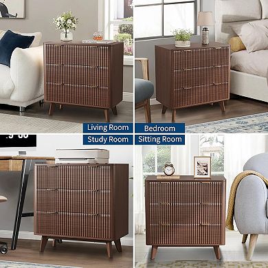 32" Width Fluted Nightstand Set of 2, Modern 3 Drawer Bedside Table with Faux Marble Top