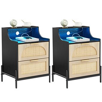 Rattan Night Stand, Black Nightstand with Charging Station, Modern Nightstand with 2 Drawers