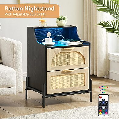 Rattan Night Stand, Black Nightstand with Charging Station, Modern Nightstand with 2 Drawers