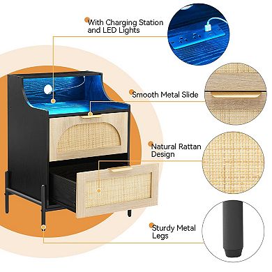 Rattan Night Stand, Black Nightstand with Charging Station, Modern Nightstand with 2 Drawers
