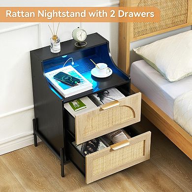Rattan Night Stand, Black Nightstand with Charging Station, Modern Nightstand with 2 Drawers