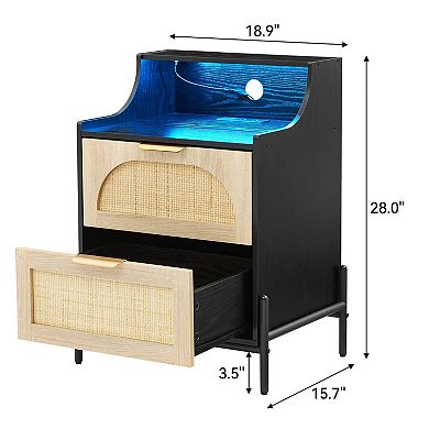 Rattan Night Stand, Black Nightstand with Charging Station, Modern Nightstand with 2 Drawers