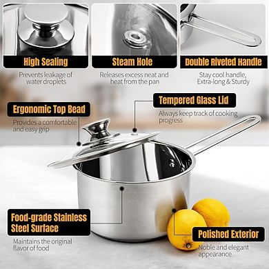 Tri-Ply Stainless Steel Saucepan with Glass Lid, Oven & Dishwasher Safe